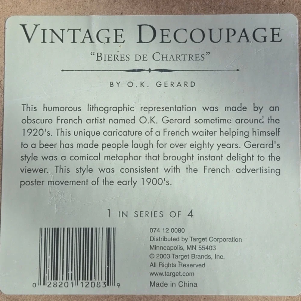 Set of 4 Vintage Decoupage Wall Art Target 2003 Will Rafuse O.K. Gerard Bistro